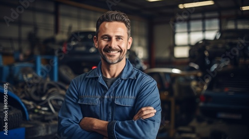 Portrait of a skilled auto mechanic smiling  with a garage and automotive tools in the background