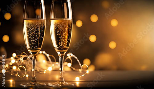 Glasses of wine on glass table with bokeh background close up. New Year, Christmas mood. Greeting card. Party and holiday celebration concept .Generative AI,