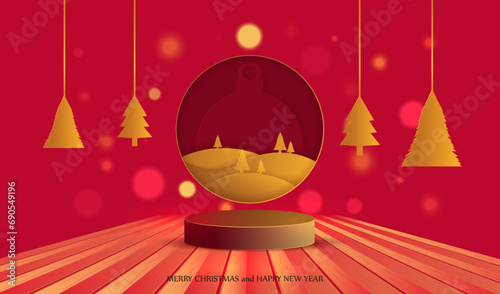 Merry Christmas vector. Red background with podium, christmas gold landscape, trees and wooden floor. Holiday x-mas card. Stage for display or present sale or gift product design.
