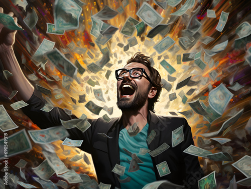 Ecstatic Man Surrounded by a Cascade of Money in Illustration