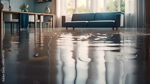 Flooding in the house interior, insurance case. Flood background. AI generative. photo