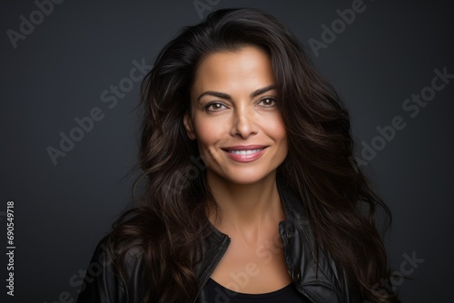 Portrait of a beautiful smiling woman in leather jacket on dark background