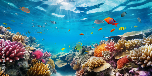 Vibrant coral reef with tropical fish and clear blue water.  © Teerasak