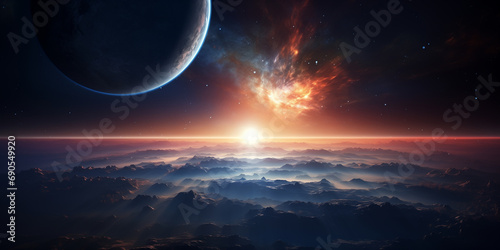 A space-themed image with the Earth and the sun rising  leaving room for text.