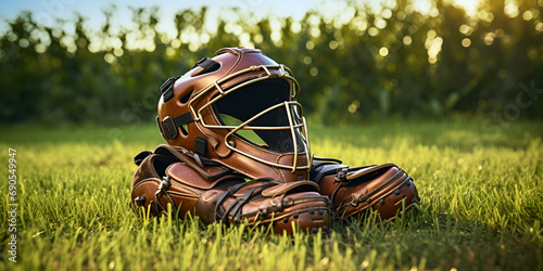 Stick, Ball, Gloves, and Helmet in Perfect Harmony on Grass for Sports Harmony in Nature's Embrace AI Generative  photo