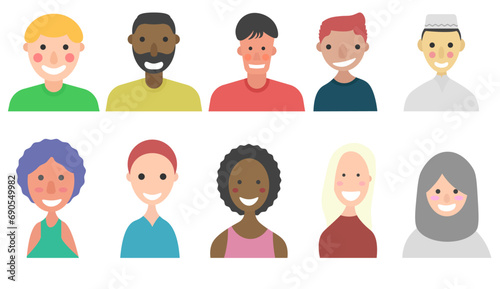 A set of brightly smiling characters showcasing gender diversity. Various races and skin colors Vector illustration