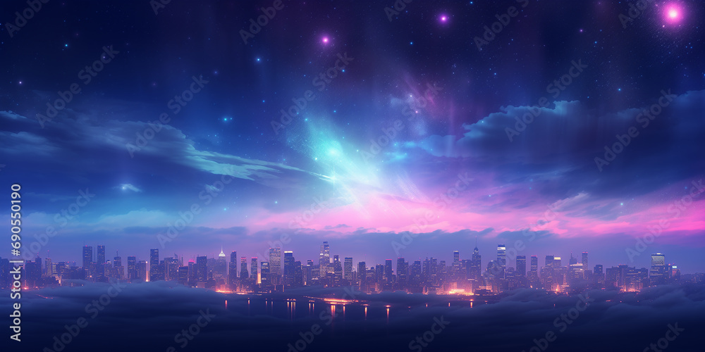Create a dreamy abstract background with a defocused city skyline under a starlit night. 