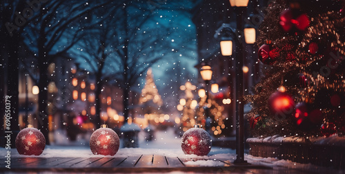 bordure en bois avec des boules de noël rouge en premier plan, fond festif d'une ville enneigée et décorée pour les fêtes de fin d'année avec un sapin illuminé. photo