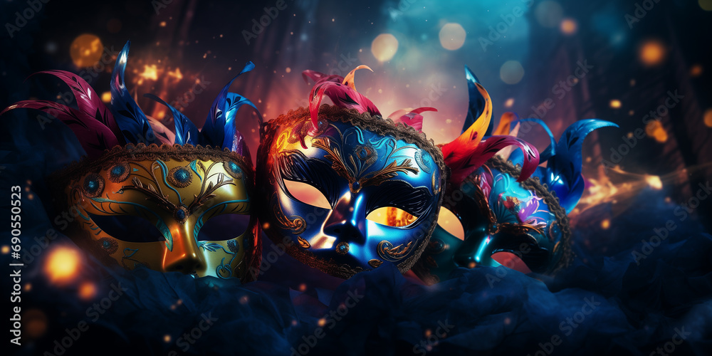 Create an image with defocused party masks glowing in the dark, adding an element of mystery and excitement. Create an image with defocused party masks glowing in the dark, adding an element of mystery and excitement.