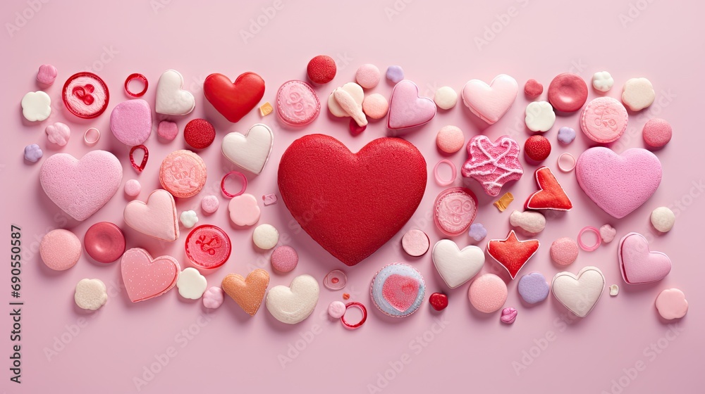 A whimsical array of heart-shaped candies and playful love notes on a soft pink canvas. 