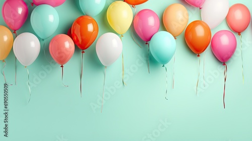 A cheerful pattern of colorful balloons and bright streamers laid out on a mint green surface. 