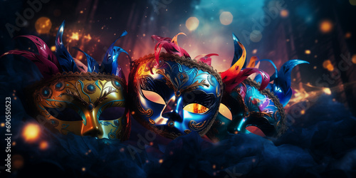 Create an image with defocused party masks glowing in the dark, adding an element of mystery and excitement.