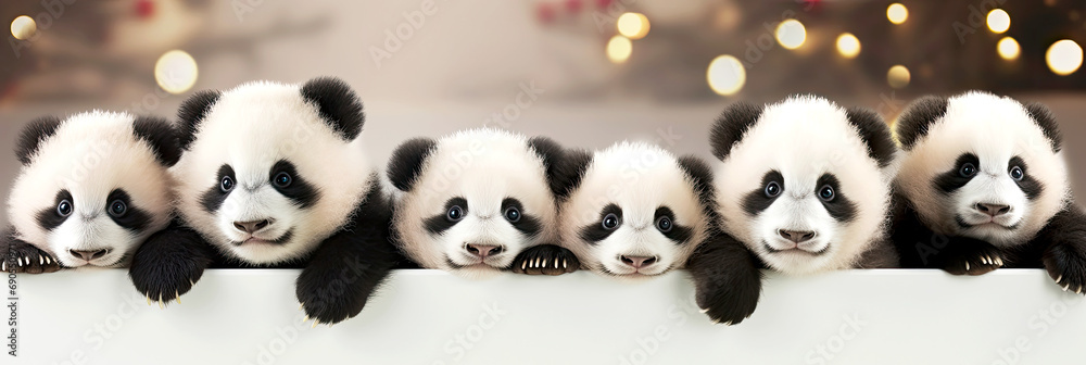 Holiday banner with cute panda bears. Group of pandas above white banner looking at camera. World wildlife day or National panda day banner.
