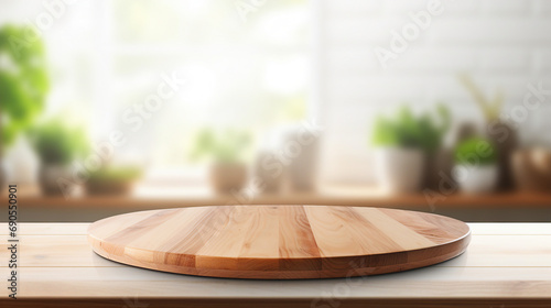 Minimalist Round Wood Tabletop in Beautiful Interior Design - Empty Counter Space for Stylish Home Decoration and Modern Display Mockups.