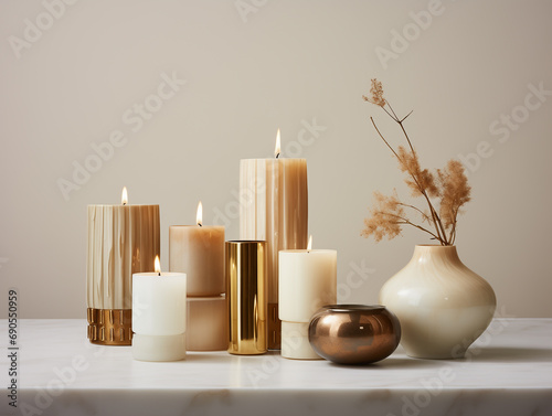 Generate images featuring elegant candle holders paired with scented candles  casting a warm glow  set against a white backdrop.