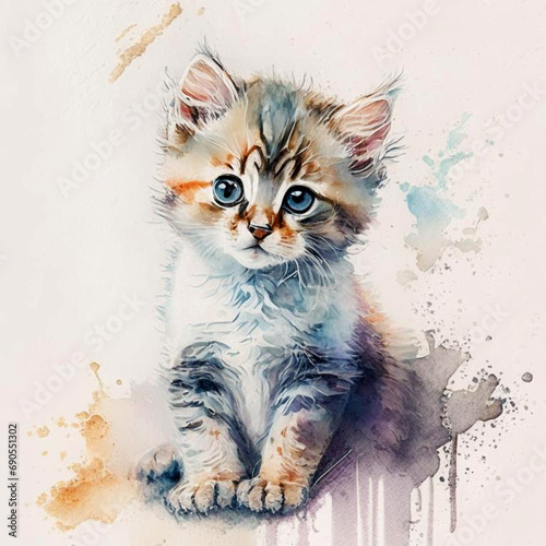 Pretty small kitten on light  background in watercolor style.