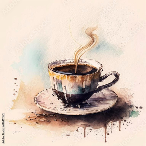 Watercolor drawing ceramic cup of hot coffee with milk or cappuccino.
