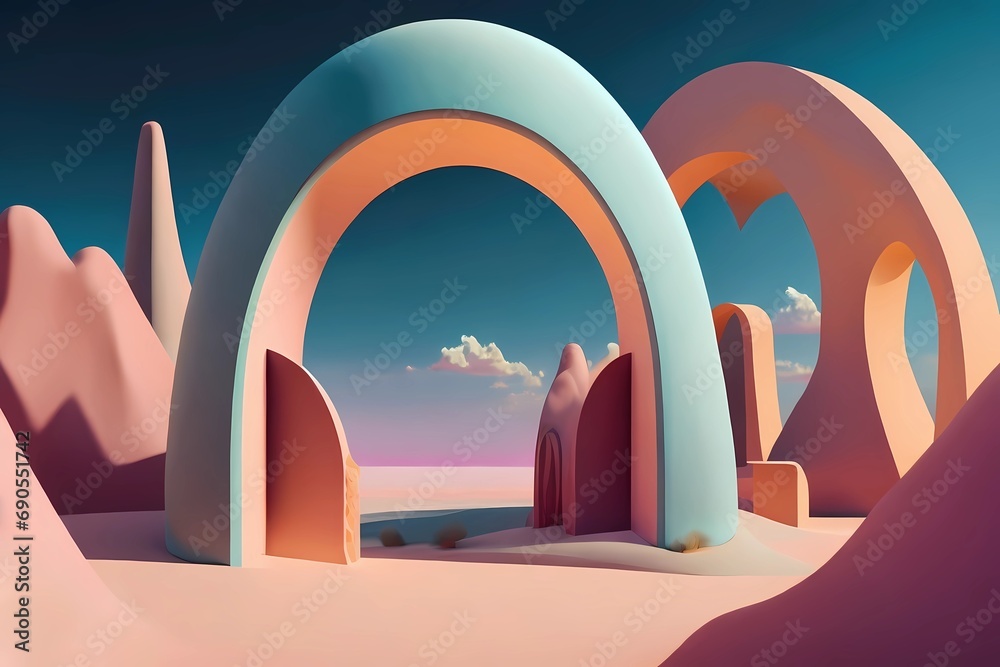 surreal landscape pastel color geometric shapes and arches