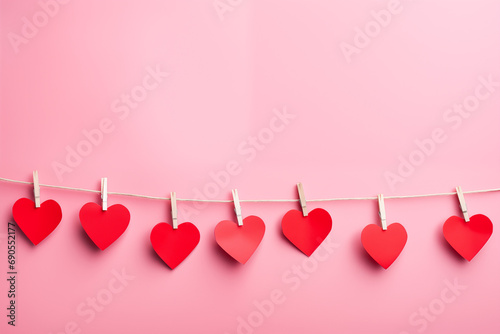 red hearts hang on clothes pegs on a string