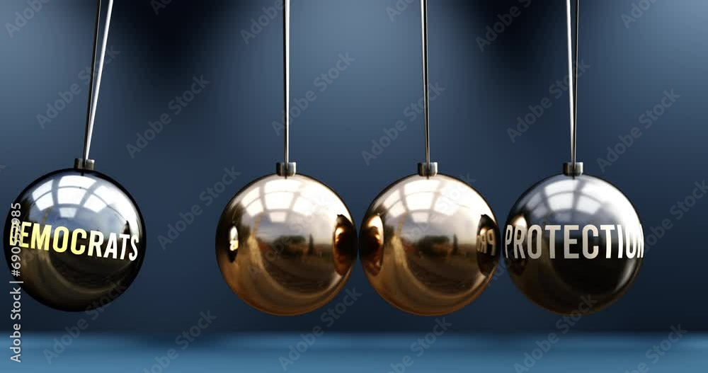 Democrats leads to protection. A Newton cradle metaphor in which democrats gives power to set protection in motion. Cause and effect relation between democrats and protection. Can be looped Democrats leads to protection. A Newton cradle metaphor in which democrats gives power to set protection in motion. Cause and effect relation between democrats and protection. Can be looped