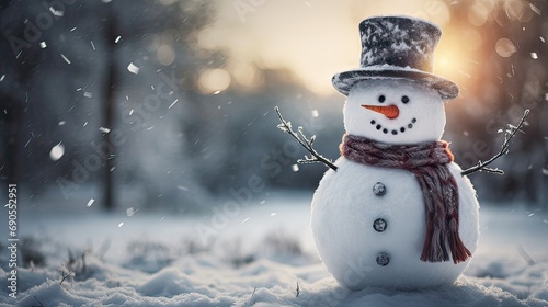A whimsical snowman donning a carrot nose and a top hat, gracing a serene snowy field. Traditional winter decor, seasonal joy, frosty landscape, holiday cheer. Generated by AI. © Anastasia