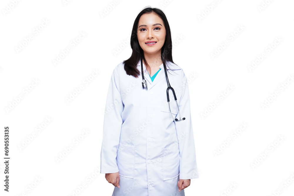 Young female doctor in white coat with stethoscope, medical student isolated transparent Young female doctor in white coat with stethoscope, medical student isolated transparent