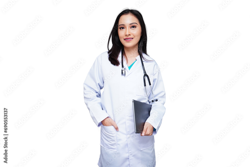 Young female doctor in white coat with stethoscope, medical student isolated transparent Young female doctor in white coat with stethoscope, medical student isolated transparent