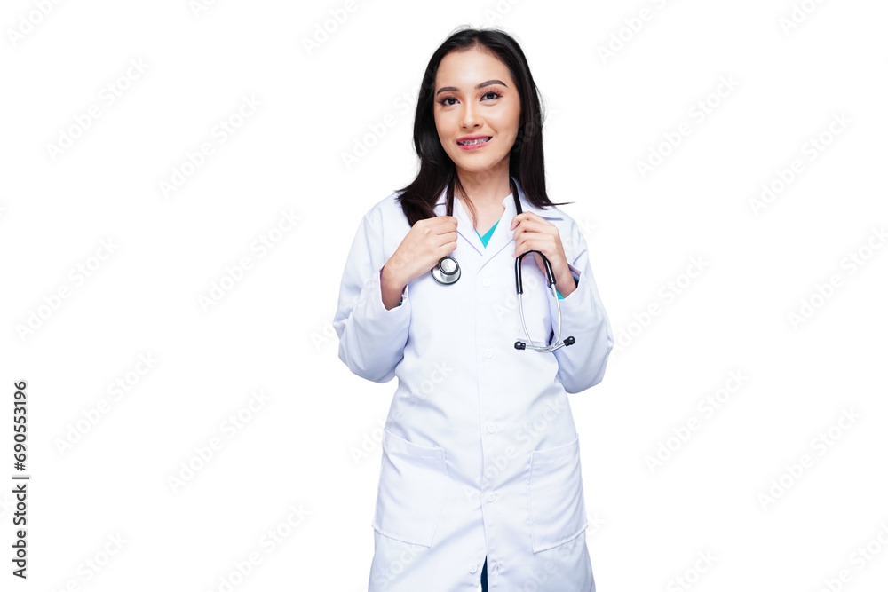 Young female doctor in white coat with stethoscope, medical student isolated transparent Young female doctor in white coat with stethoscope, medical student isolated transparent