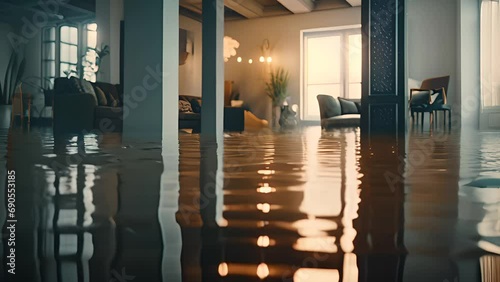 Flooding in the house interior, insurance case. Flood background. AI generative.