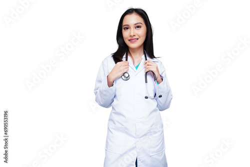 Young female doctor in white coat with stethoscope, medical student isolated transparent