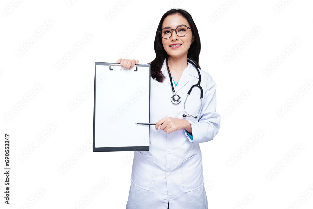 Young female doctor in white coat with stethoscope, medical student isolated transparent Young female doctor in white coat with stethoscope, medical student isolated transparent