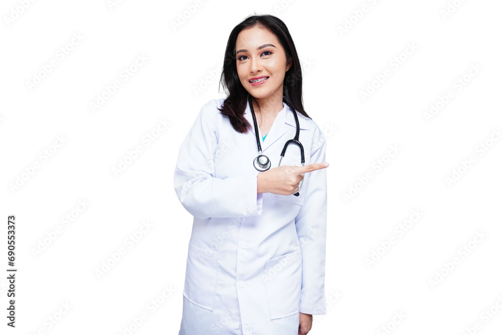 Beautiful medical student in white coat with stethoscope pointing to the side isolated transparent Beautiful medical student in white coat with stethoscope pointing to the side isolated transparent