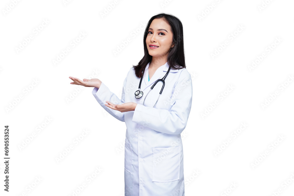 Beautiful medical student in white coat with stethoscope pointing to the side isolated transparent Beautiful medical student in white coat with stethoscope pointing to the side isolated transparent