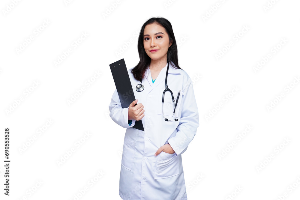 Young female doctor in white coat with stethoscope carrying a black folder isolated transparent Young female doctor in white coat with stethoscope carrying a black folder isolated transparent