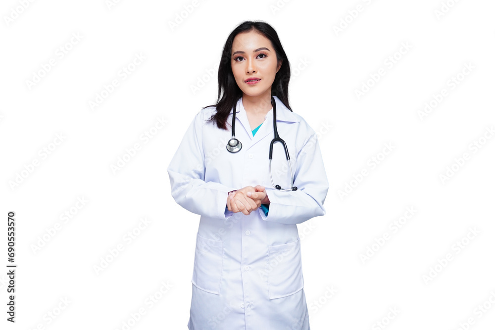 Young female doctor in white coat with stethoscope, medical student isolated transparent Young female doctor in white coat with stethoscope, medical student isolated transparent