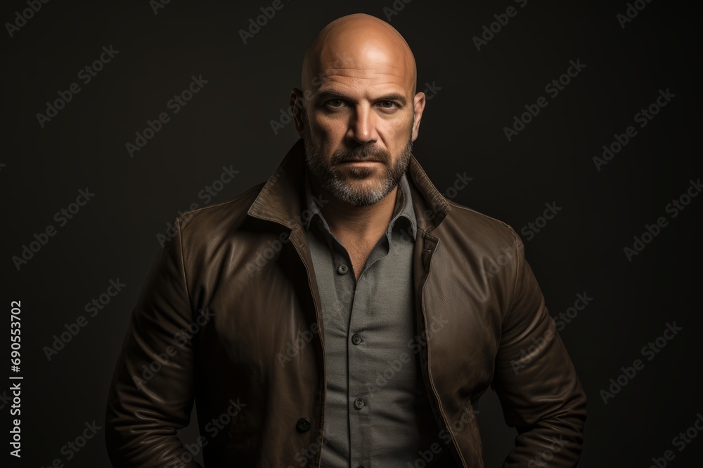 Portrait of a bald man with a beard and mustache in a brown jacket on a dark background