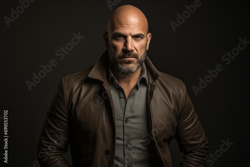 Portrait of a bald man with a beard and mustache in a brown jacket on a dark background