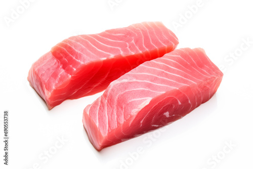 Fresh tuna fish fillet steaks isolated on white background. Raw seafood