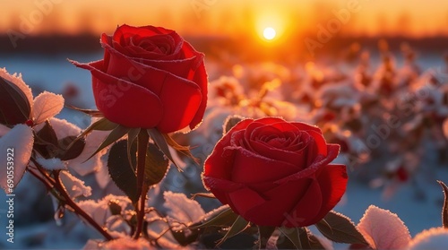 Fototapeta Naklejka Na Ścianę i Meble -  Red roses in ice frost crystals on the background of the sunset. AI