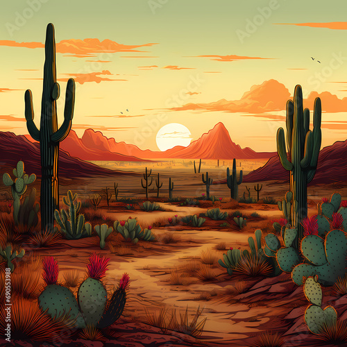 A desert landscape with cacti and a setting sun
