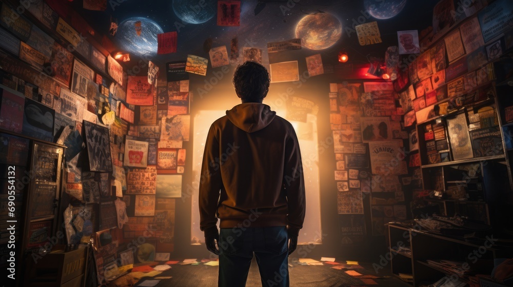 teenager standing at the doorway of their room covered in posters, showcasing a personal haven in a high-key lit setting