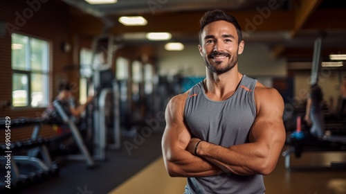 Portrait of an energetic fitness instructor smiling, with gym equipment and a workout space in the background © Emil