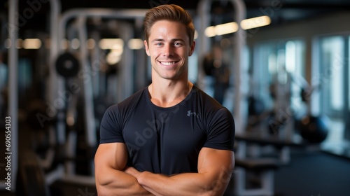 Portrait of an energetic fitness instructor smiling, with gym equipment and a workout space in the background