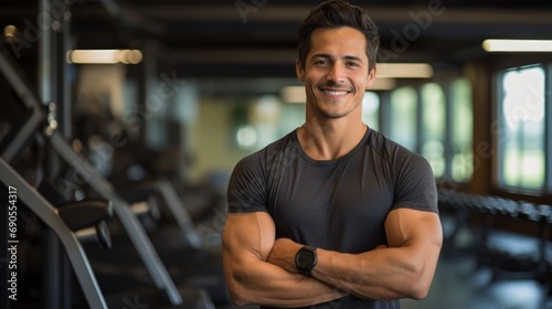 Portrait of an energetic fitness instructor smiling  with gym equipment and a workout space in the background