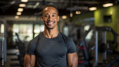 Portrait of an energetic fitness instructor smiling, with gym equipment and a workout space in the background