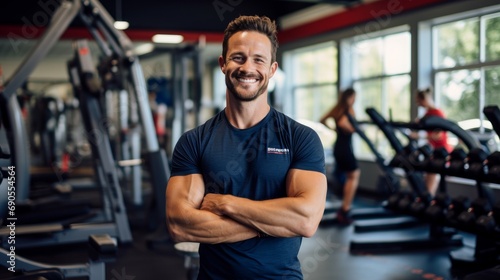 Portrait of an energetic fitness instructor smiling, with gym equipment and a workout space in the background photo