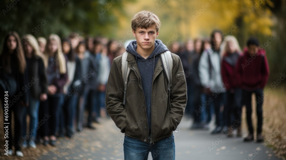 lonely guy alone among the crowd, concept of loneliness, bullying among teenagers lonely guy alone among the crowd, concept of loneliness, bullying among teenagers