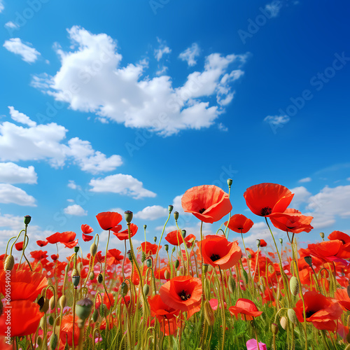 A field of poppies under a bright blue sky.