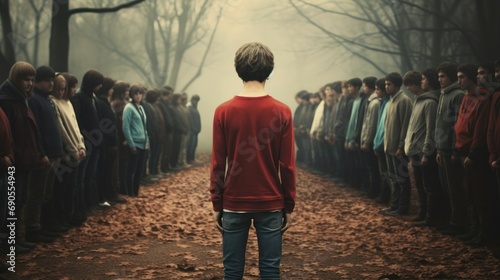 lonely guy alone among the crowd, concept of loneliness, bullying among teenagers photo