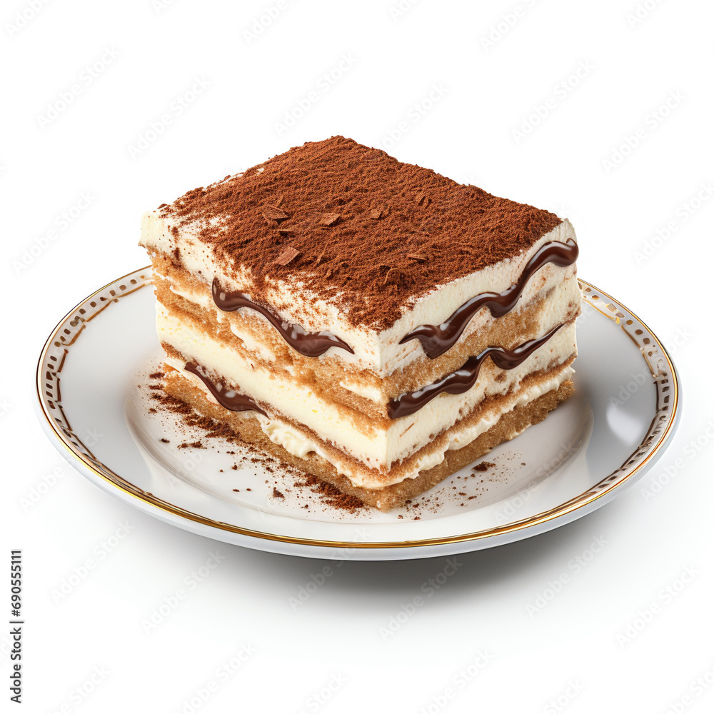 Plate of tiramisu cake isolated on white, AI Generative. Plate of tiramisu cake isolated on white, AI Generative.